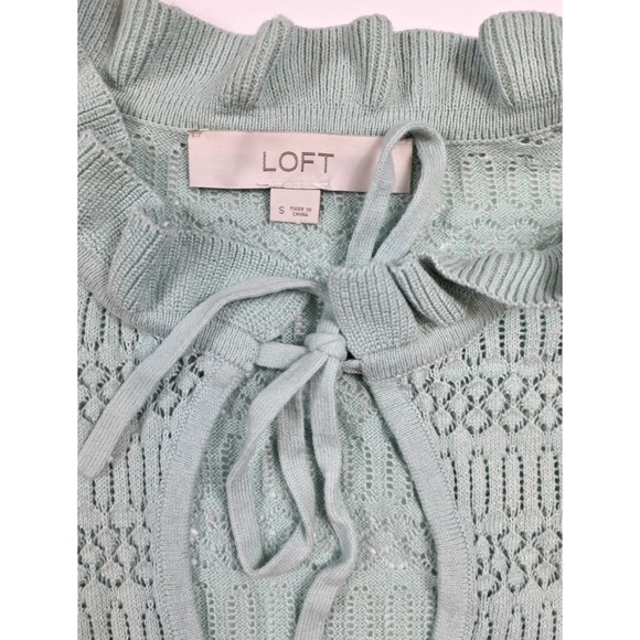 Loft Blue Pointelle Tie‎ Neck Knit 1/2 Puff Sleeve Sweater Women's Size Small - Picture 4 of 5